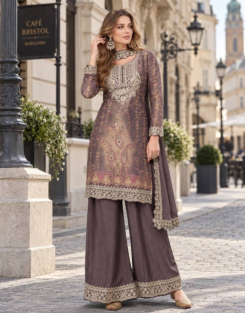 Grey chinon readymade plazzo suit with embroidery work