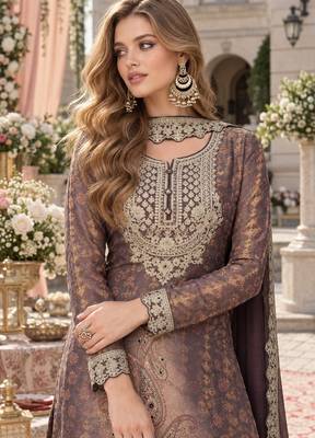 Grey chinon readymade plazzo suit with embroidery work 2