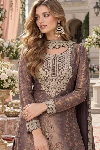 Grey chinon readymade plazzo suit with embroidery work