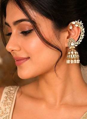 Kundan Ear Cuff Earrings, Polki Ear Wrap with jhumka base, Tribal Ear Climber 1