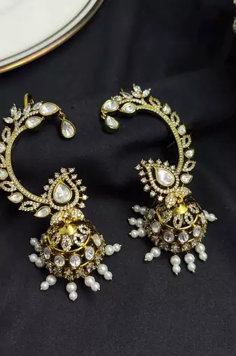 Kundan Ear Cuff Earrings, Polki Ear Wrap with jhumka base, Tribal Ear Climber