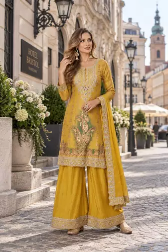 Yellow chinon readymade plazzo suit with embroidery work