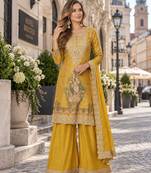 Yellow chinon readymade plazzo suit with embroidery work