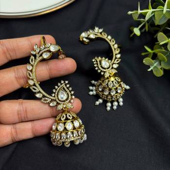 Kundan Ear Cuff Earrings, Polki Ear Wrap with jhumka base, Tribal Ear Climber 3