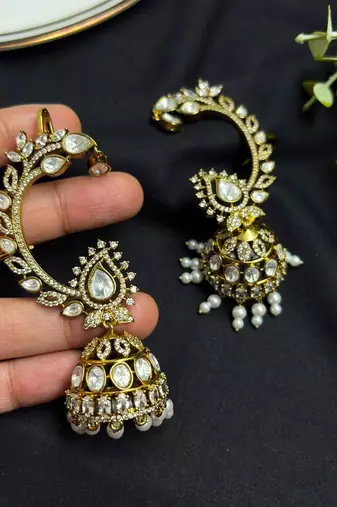 Kundan Ear Cuff Earrings, Polki Ear Wrap with jhumka base, Tribal Ear Climber