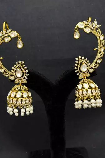 Kundan Ear Cuff Earrings, Polki Ear Wrap with jhumka base, Tribal Ear Climber
