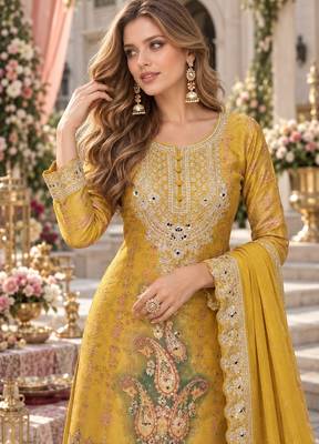 Yellow chinon readymade plazzo suit with embroidery work 2
