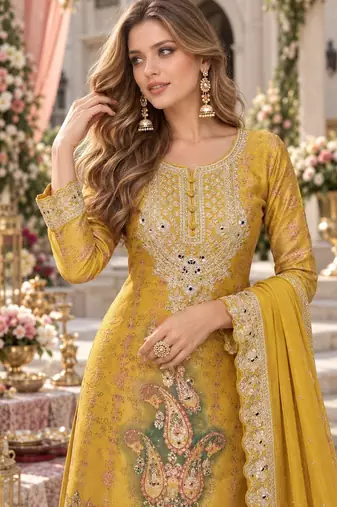 Yellow chinon readymade plazzo suit with embroidery work