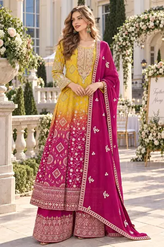 Yellow georgette readymade suit with jacquard print work