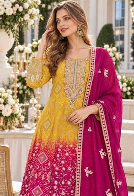 Yellow georgette readymade suit with jacquard print work 2