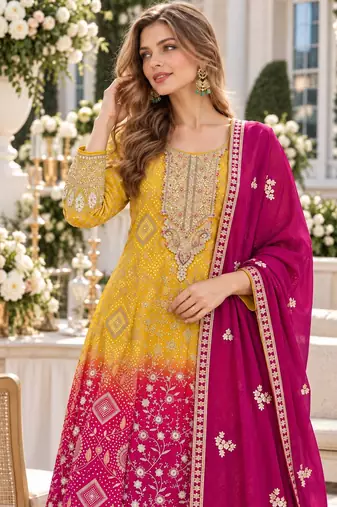 Yellow georgette readymade suit with jacquard print work
