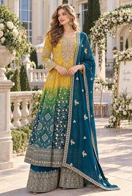 Yellow georgette readymade suit with jacquard print work 1