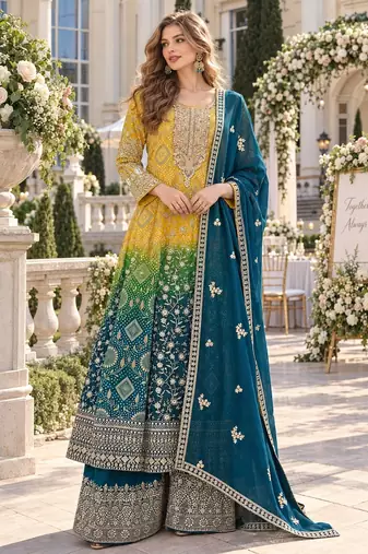 Yellow georgette readymade suit with jacquard print work