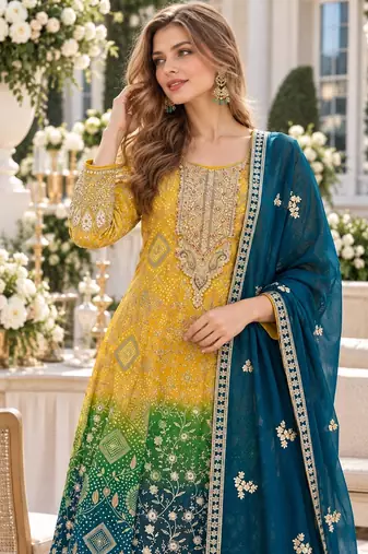 Yellow georgette readymade suit with jacquard print work