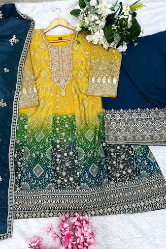 Yellow georgette readymade suit with jacquard print work