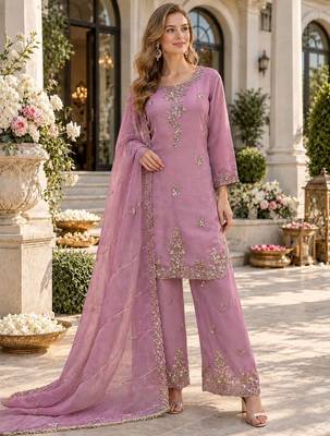 Lavender silk blend readymade suit with beads work 1