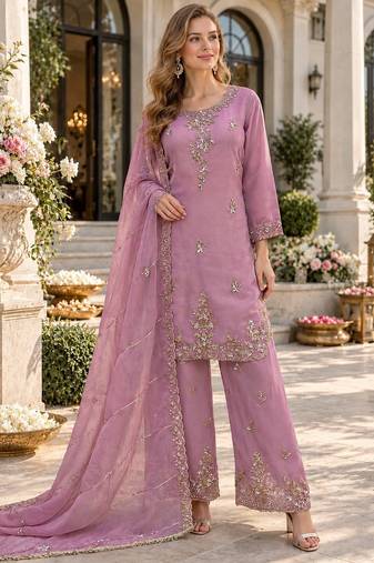 Lavender silk blend readymade suit with beads work