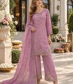 Lavender silk blend readymade suit with beads work