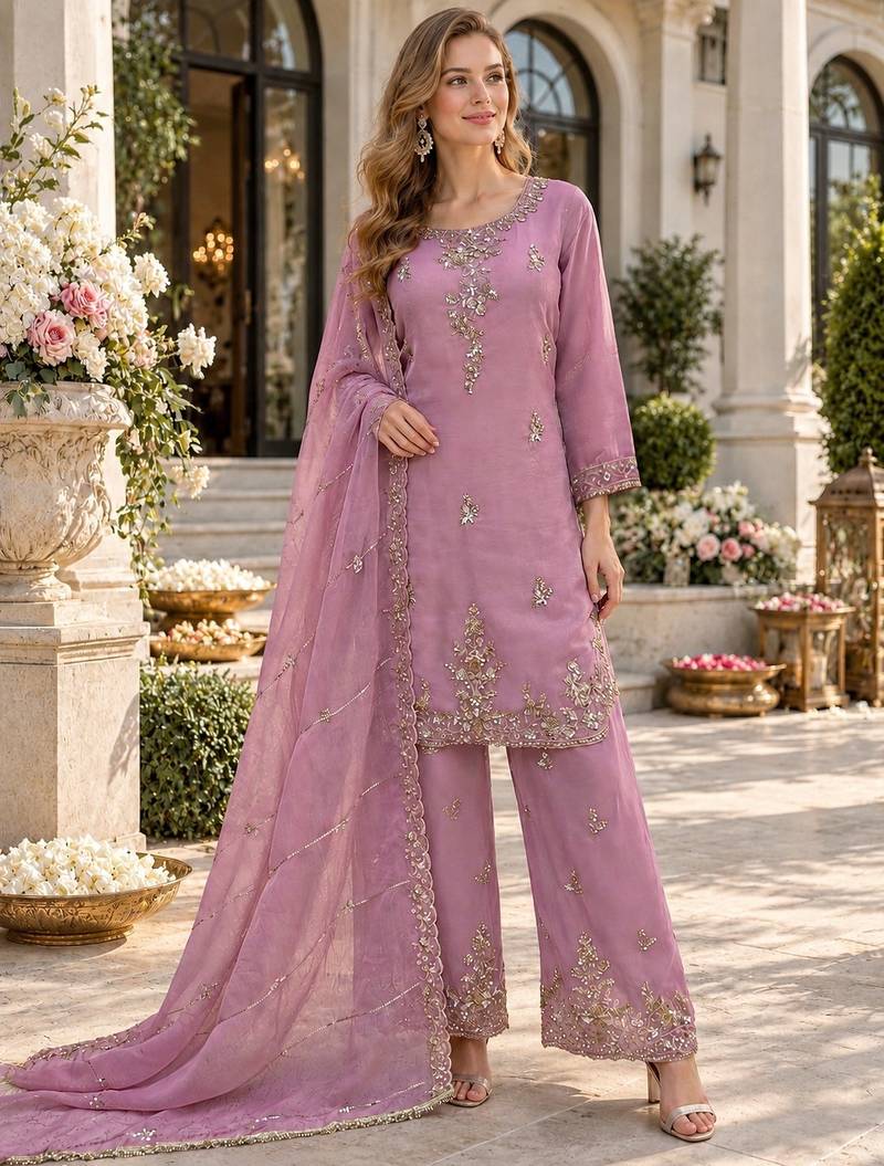 Lavender silk blend readymade suit with beads work