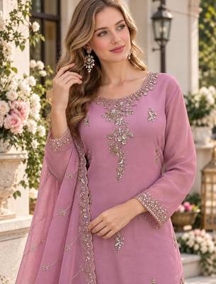Lavender silk blend readymade suit with beads work 2