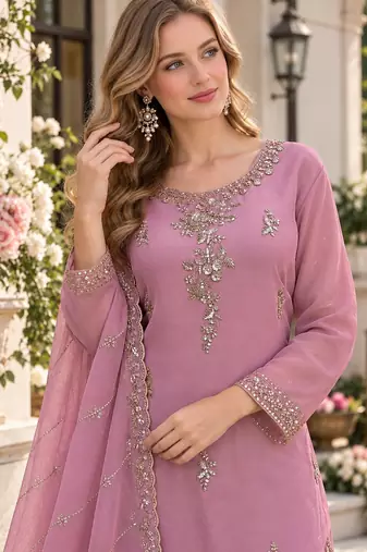 Lavender silk blend readymade suit with beads work