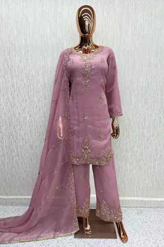 Lavender silk blend readymade suit with beads work