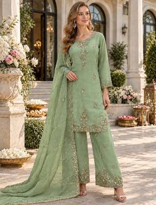 P green silk blend readymade suit with beads work 1
