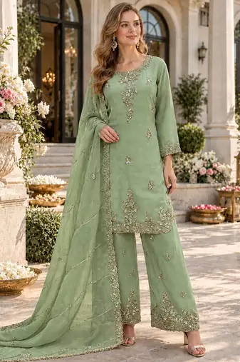 P green silk blend readymade suit with beads work