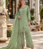 P green silk blend readymade suit with beads work