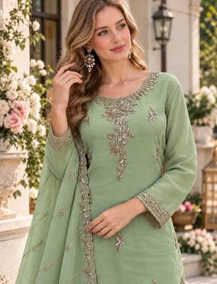 P green silk blend readymade suit with beads work 2