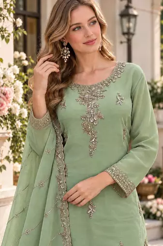 P green silk blend readymade suit with beads work
