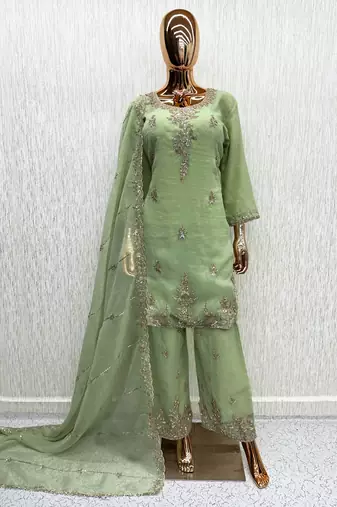 P green silk blend readymade suit with beads work