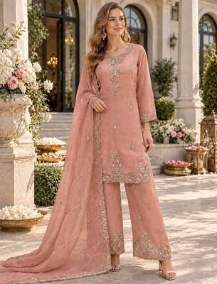 Peach silk blend readymade suit with beads work 1
