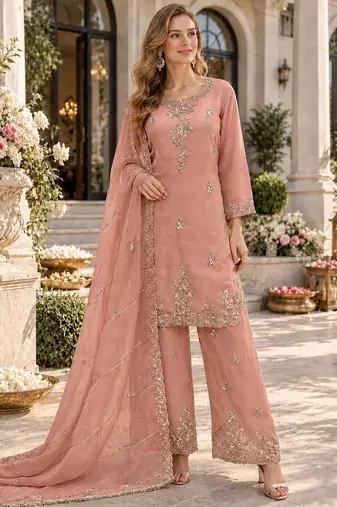 Peach silk blend readymade suit with beads work