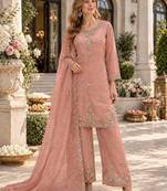 Peach silk blend readymade suit with beads work
