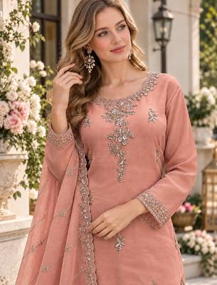 Peach silk blend readymade suit with beads work 2