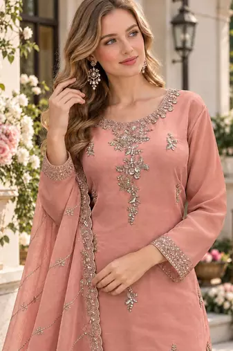 Peach silk blend readymade suit with beads work