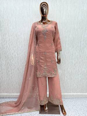 Peach silk blend readymade suit with beads work 3