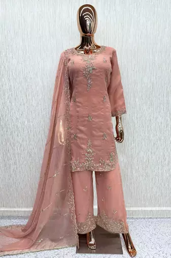 Peach silk blend readymade suit with beads work