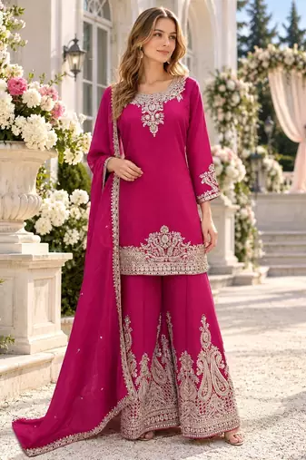 Rani pink chinon readymade suit with embroidery work
