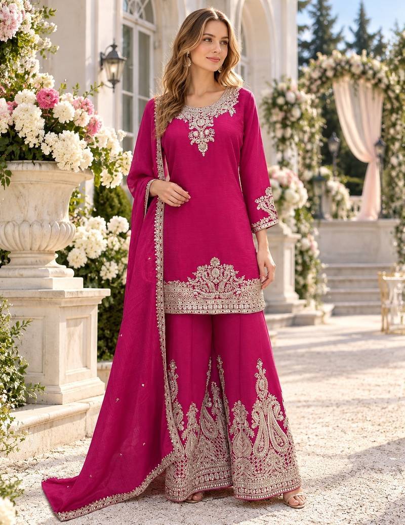 Rani pink chinon readymade suit with embroidery work