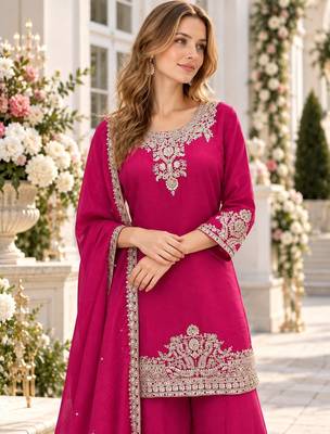Rani pink chinon readymade suit with embroidery work 2