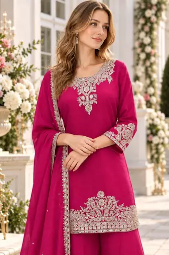 Rani pink chinon readymade suit with embroidery work