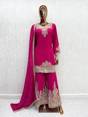 Rani pink chinon readymade suit with embroidery work 3