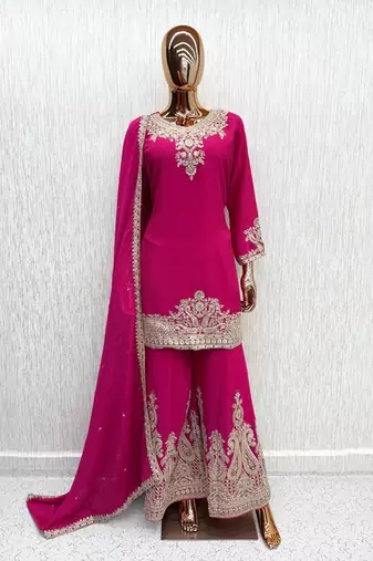 Rani pink chinon readymade suit with embroidery work