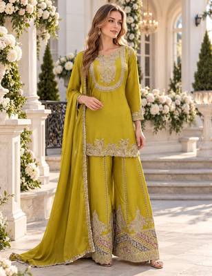 Yellow chinon readymade suit with embroidery work 1