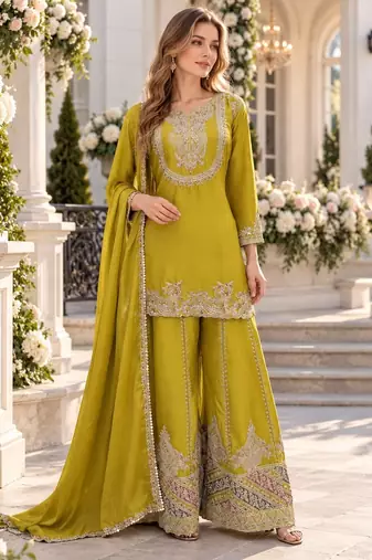 Yellow chinon readymade suit with embroidery work
