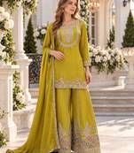 Yellow chinon readymade suit with embroidery work