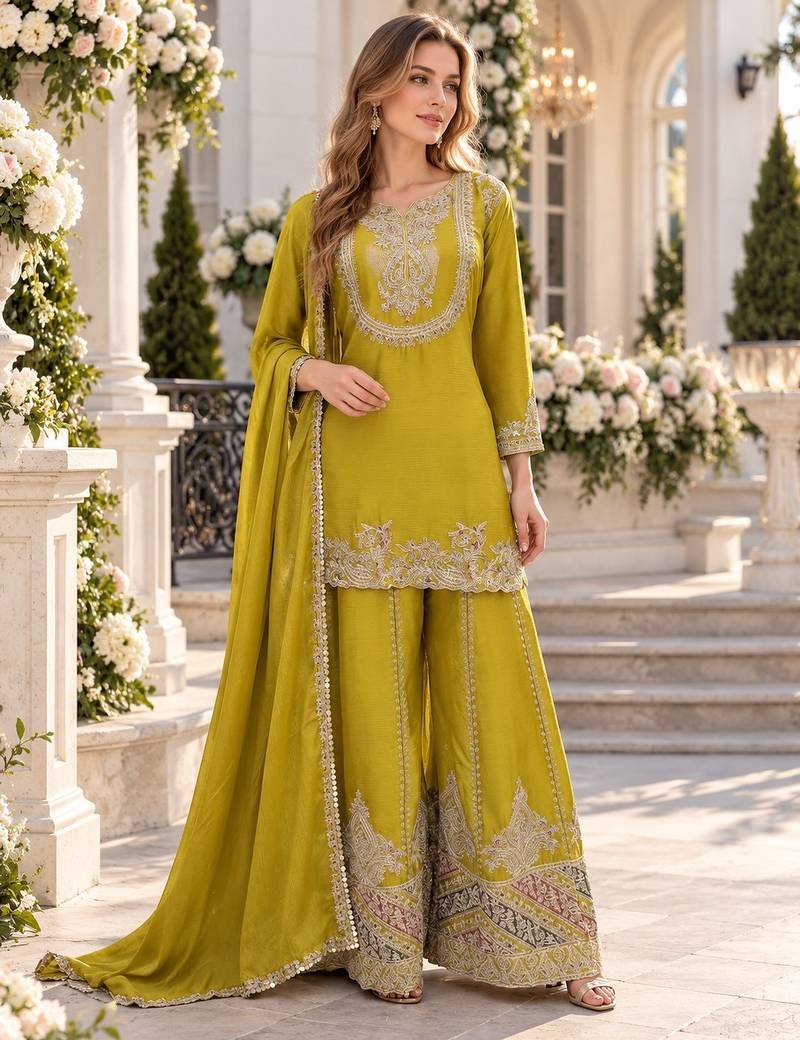 Yellow chinon readymade suit with embroidery work