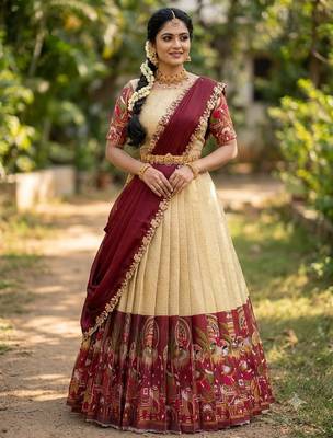 Beautiful South Indian Style Semi-Stitched Half Saree with Blouse and Dupatta for Women 1